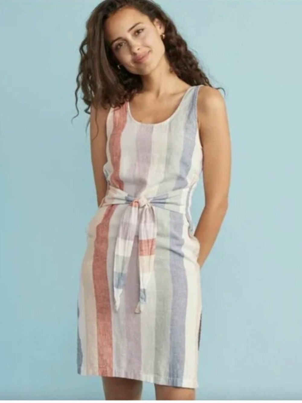 Marine Layer Sleeveless Linen Blend Tie-Front Striped Brea Dress in Pastel